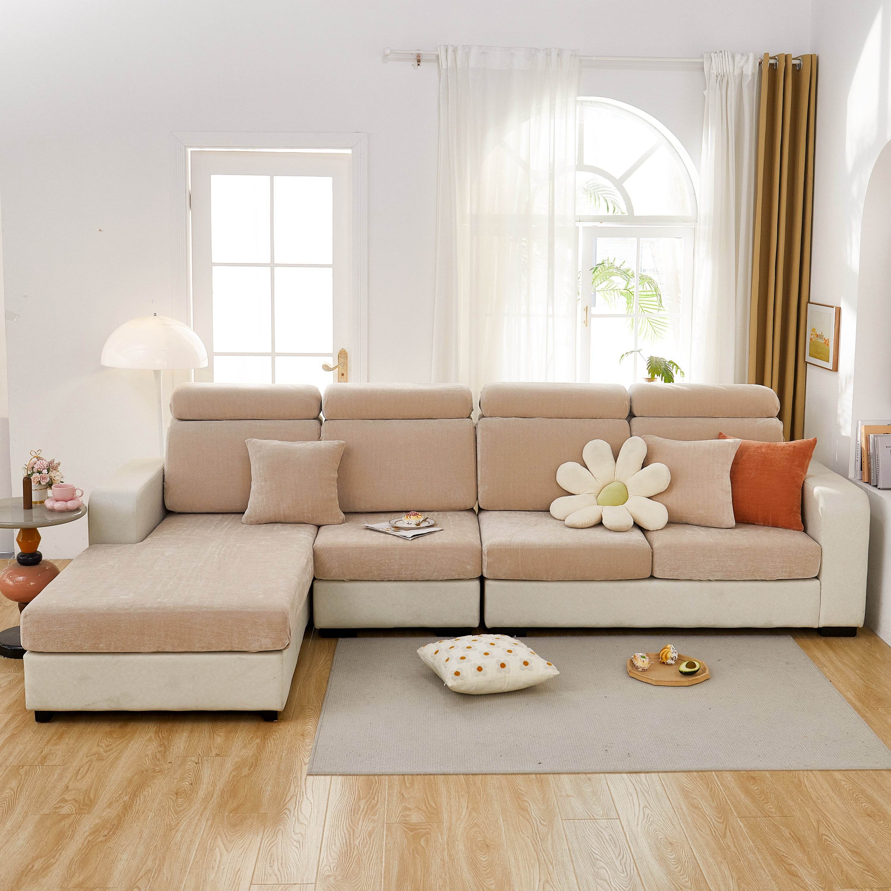 Full khaki sofa cover tightly fitted over a fabric couch, blending into a warm, pet-friendly living room