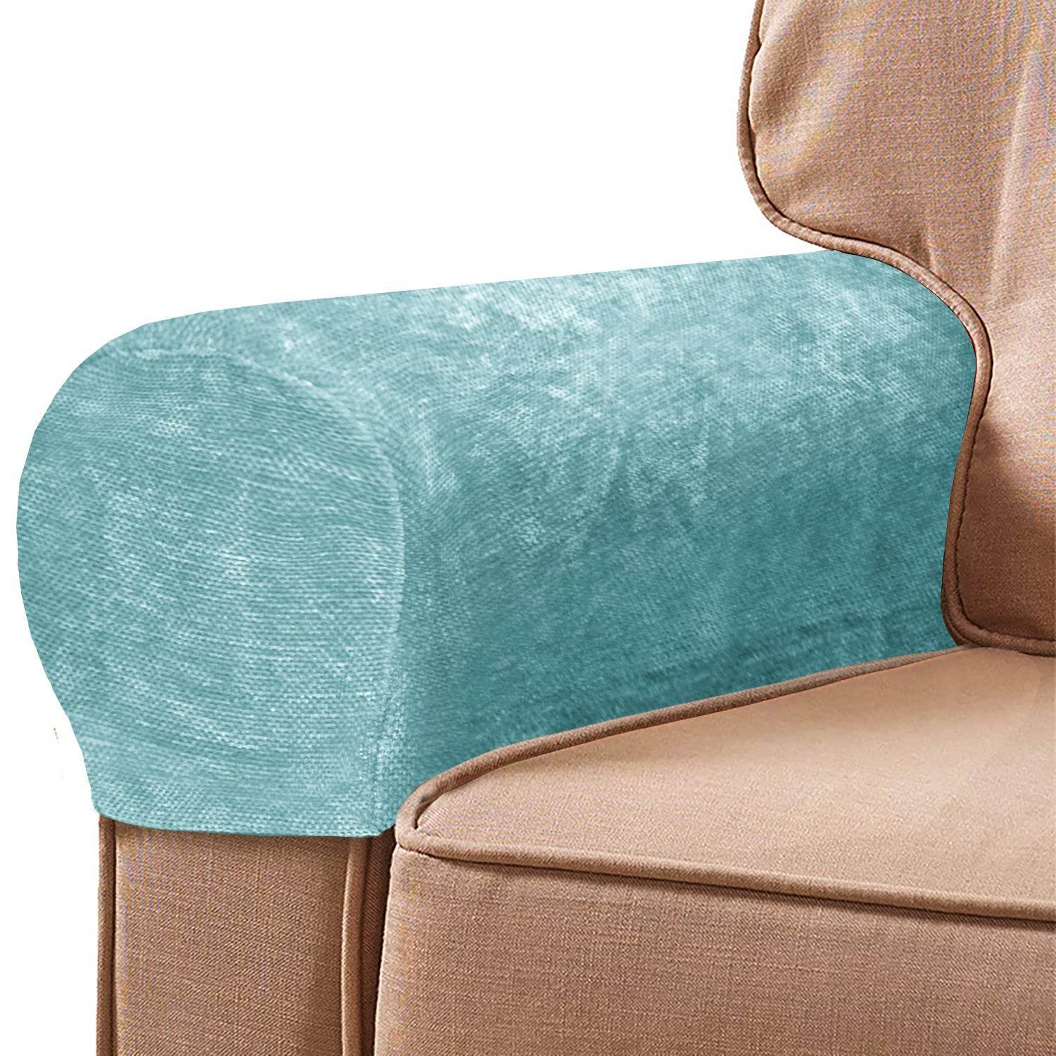 Cozee Chenille Stretch Arm Rest Cover on a sofa arm, featuring plush textured fabric and a snug fit for stylish protection against stains, scratches, and everyday wear.