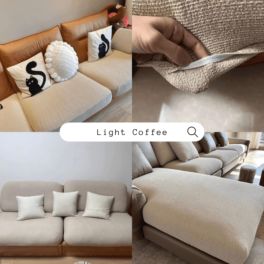 Collage of real-life customer photos featuring the Cozee Chenluxe Sofa Cover, showing plush chenille fabric, linen-like texture, and stylish full sofa protection in everyday homes.