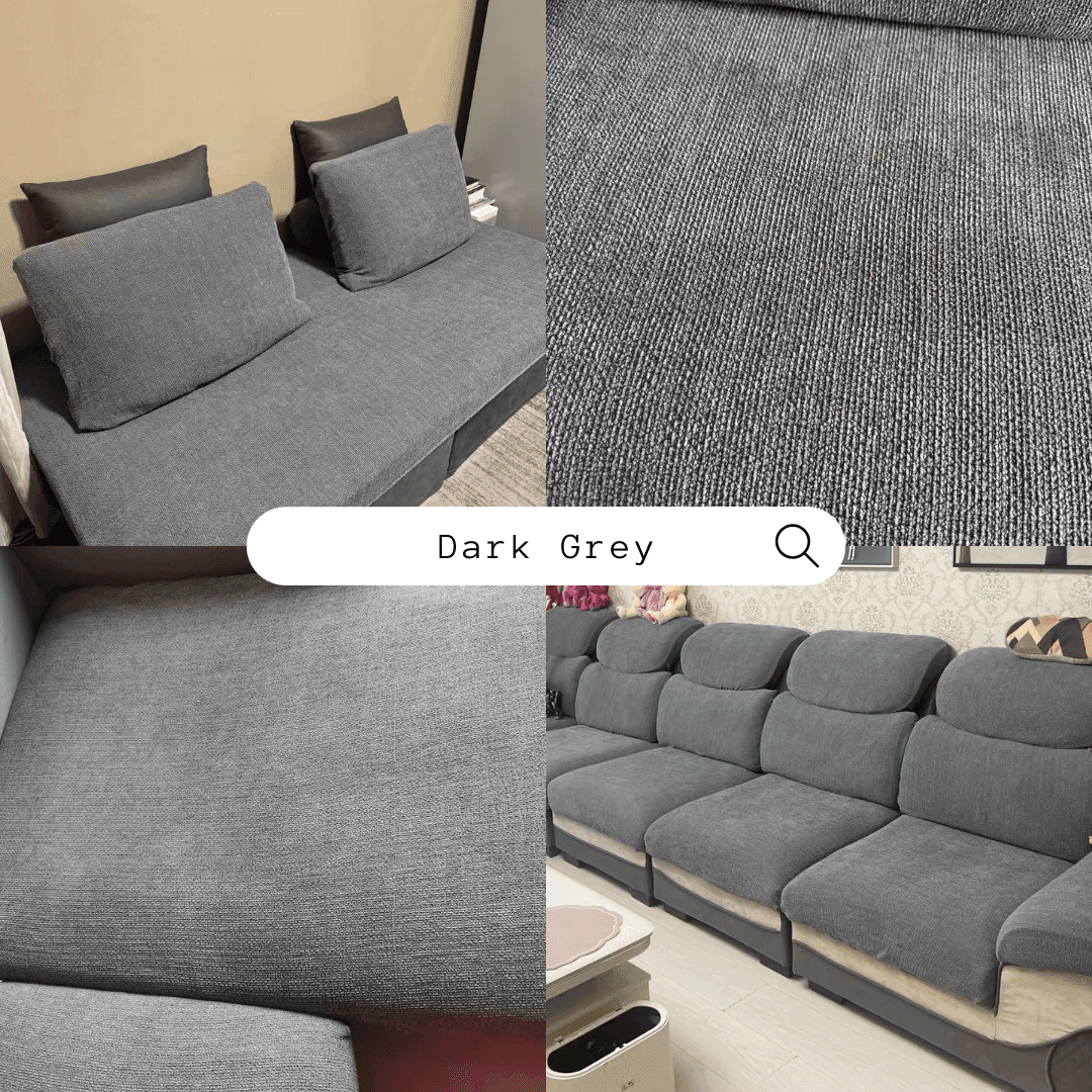 Collage of real-life customer photos featuring the Cozee Chenluxe Sofa Cover, showing plush chenille fabric, linen-like texture, and stylish full sofa protection in everyday homes.