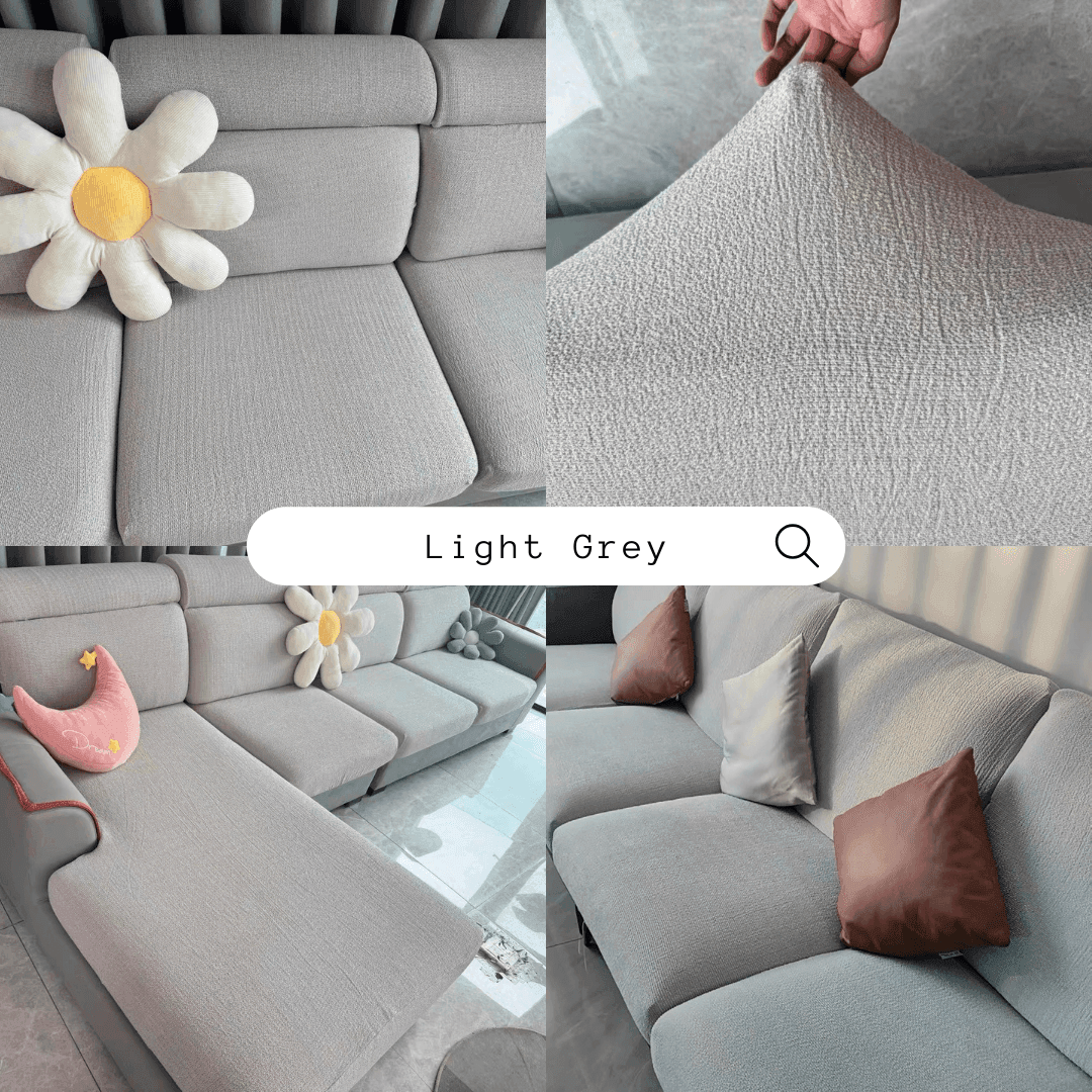 Collage of real-life customer photos featuring the Cozee Chenluxe Sofa Cover, showing plush chenille fabric, linen-like texture, and stylish full sofa protection in everyday homes.