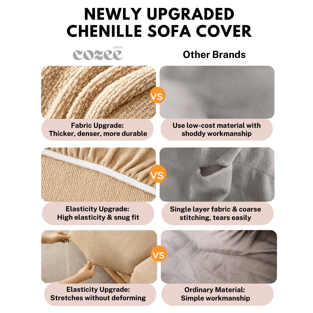Comparison table highlighting the Cozee Chenluxe Sofa Cover versus regular slipcovers, showing plush chenille comfort, linen-like texture, durable stretch fit, and full sofa protection.