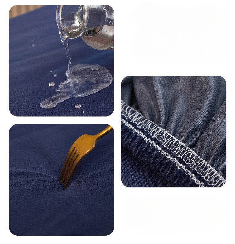 Collage image featuring a water resistance test and close-up of fabric texture, highlighting the Cozee Comfort Guard Slipcover’s protective surface and soft, stretchable material