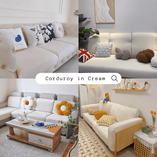 Collage of real-life product photos of the Cozee Corduroy Sofa Cover, featuring ribbed corduroy texture, soft stretch fit, and stylish sofa protection in everyday homes.