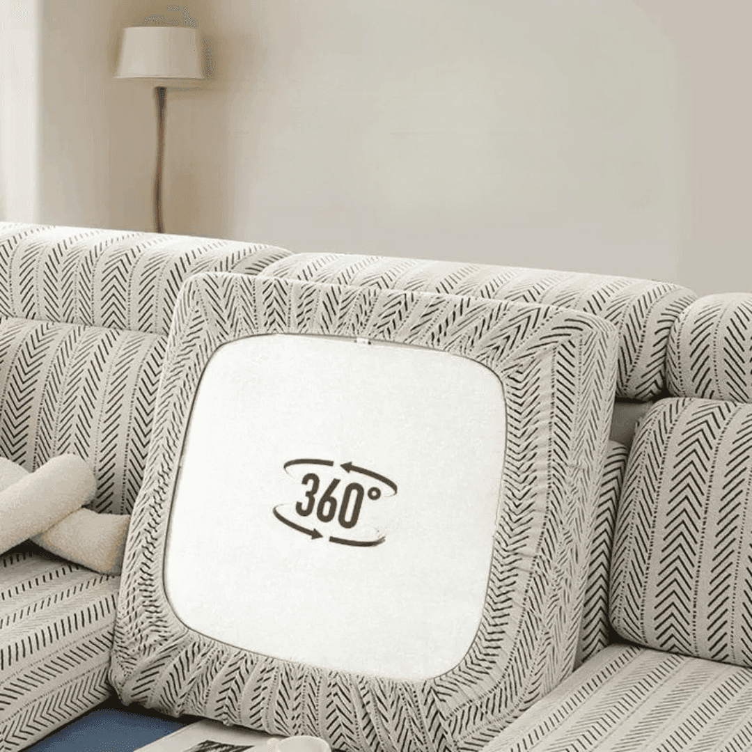360-degree view of the Cozee Herringbone Sofa Cover, showing all angles of the thick herringbone fabric, snug stretch fit, and full sofa protection.