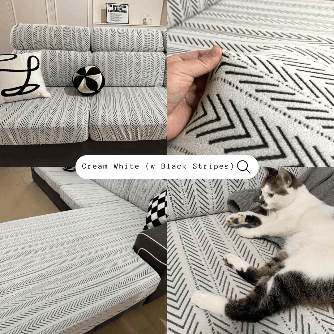 Collage of real-life photos featuring the Cozee Herringbone Sofa Cover in various homes, showcasing pet and kid friendly durability, stylish herringbone fabric, and full sofa protection.