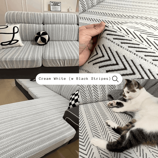 Collage of real-life photos featuring the Cozee Herringbone Sofa Cover in various homes, showcasing pet and kid friendly durability, stylish herringbone fabric, and full sofa protection.