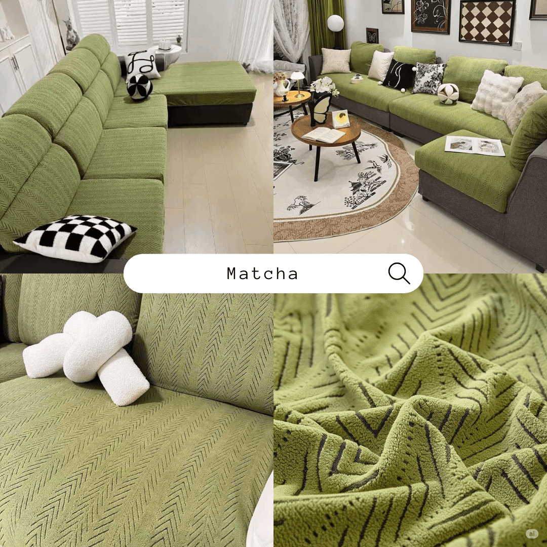 Collage of real-life customer photos featuring the Cozee Herringbone Sofa Cover, showing stylish herringbone design, durable fabric, and full sofa protection in everyday homes.