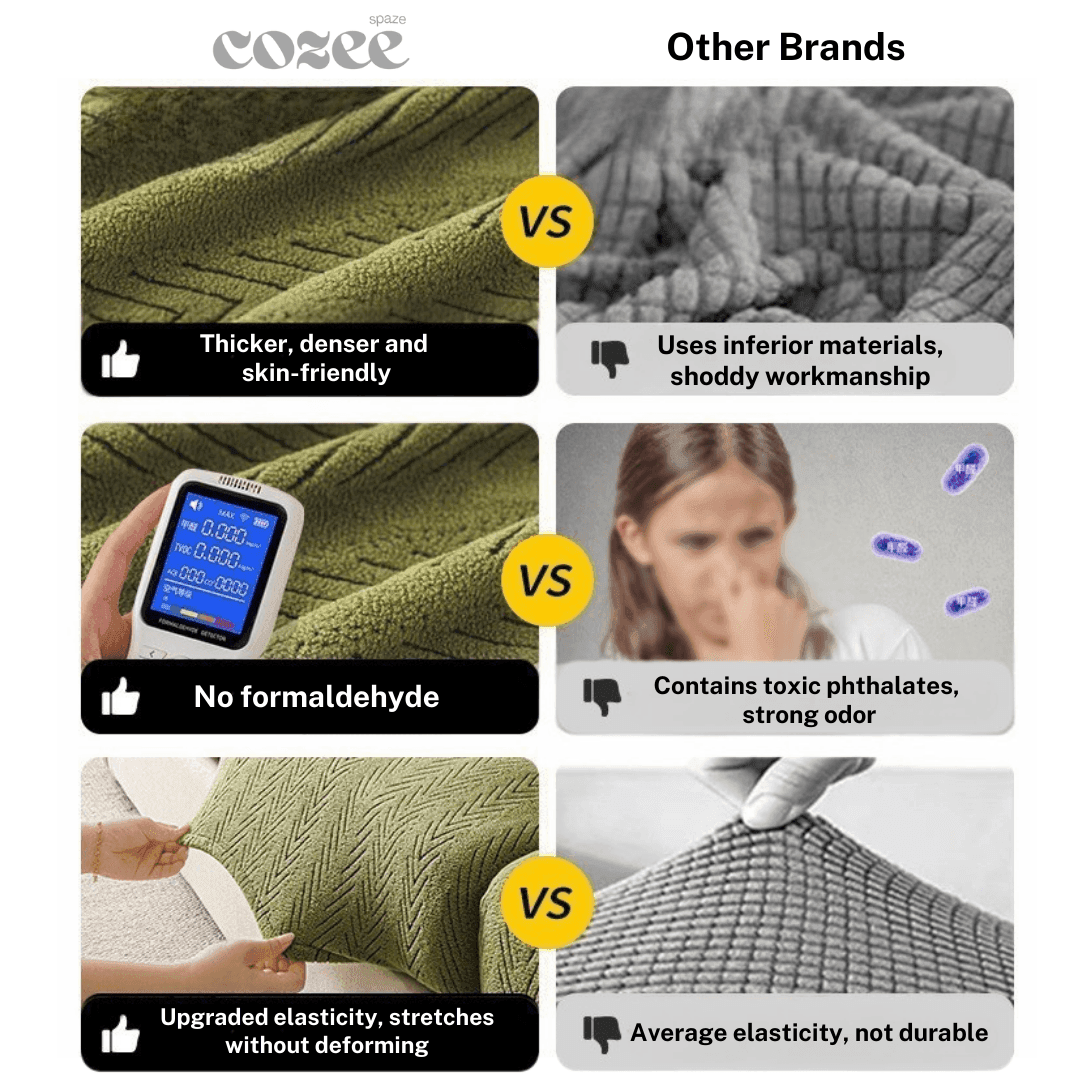 Comparison table highlighting the Cozee Herringbone Sofa Cover features versus regular slipcovers, showing thick herringbone fabric, durable stretch fit, stain resistance, and full sofa protection.