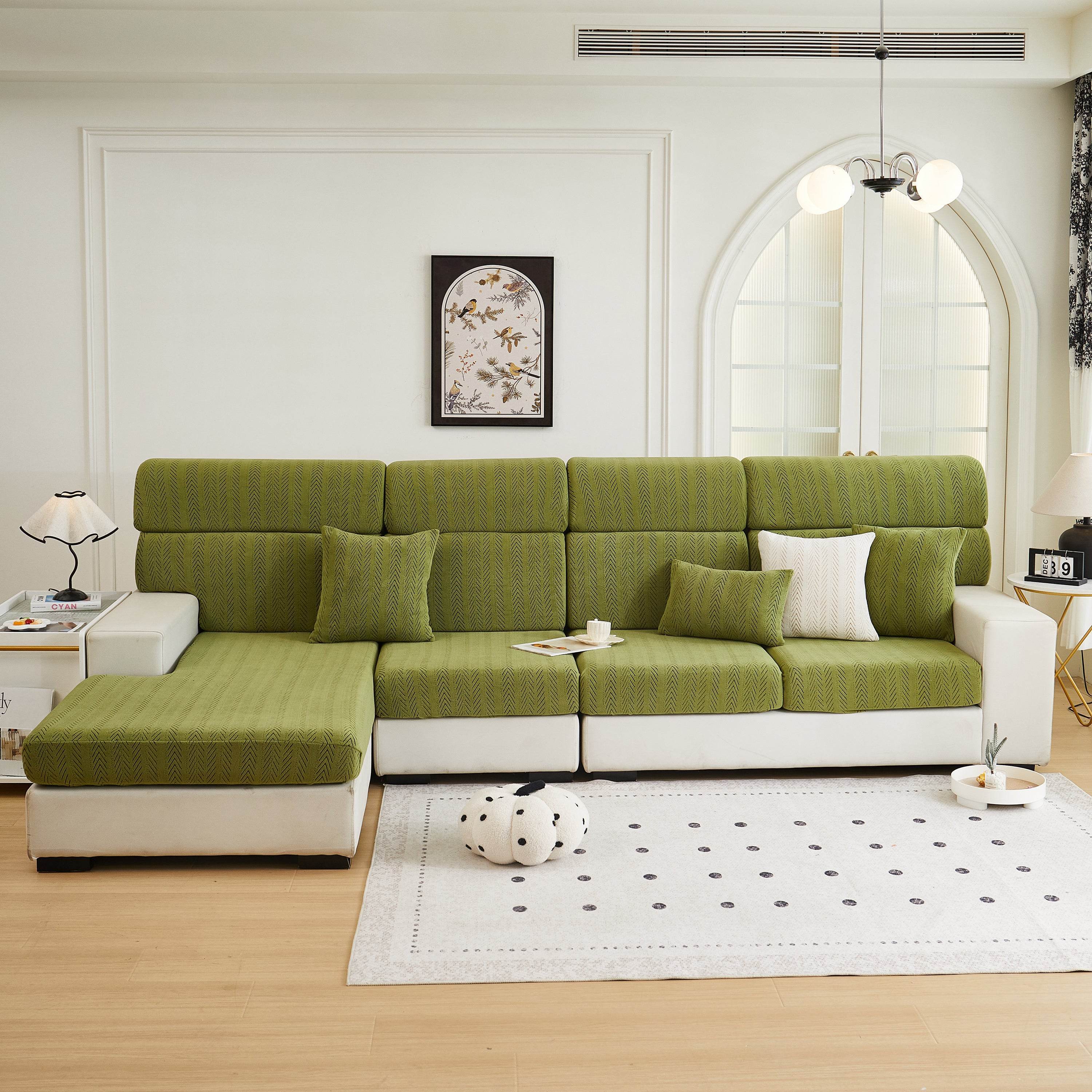 Cozee Herringbone Sofa Cover in Matcha green, full sofa view with thick soft herringbone fabric, durable stretch fit, and stylish protection.