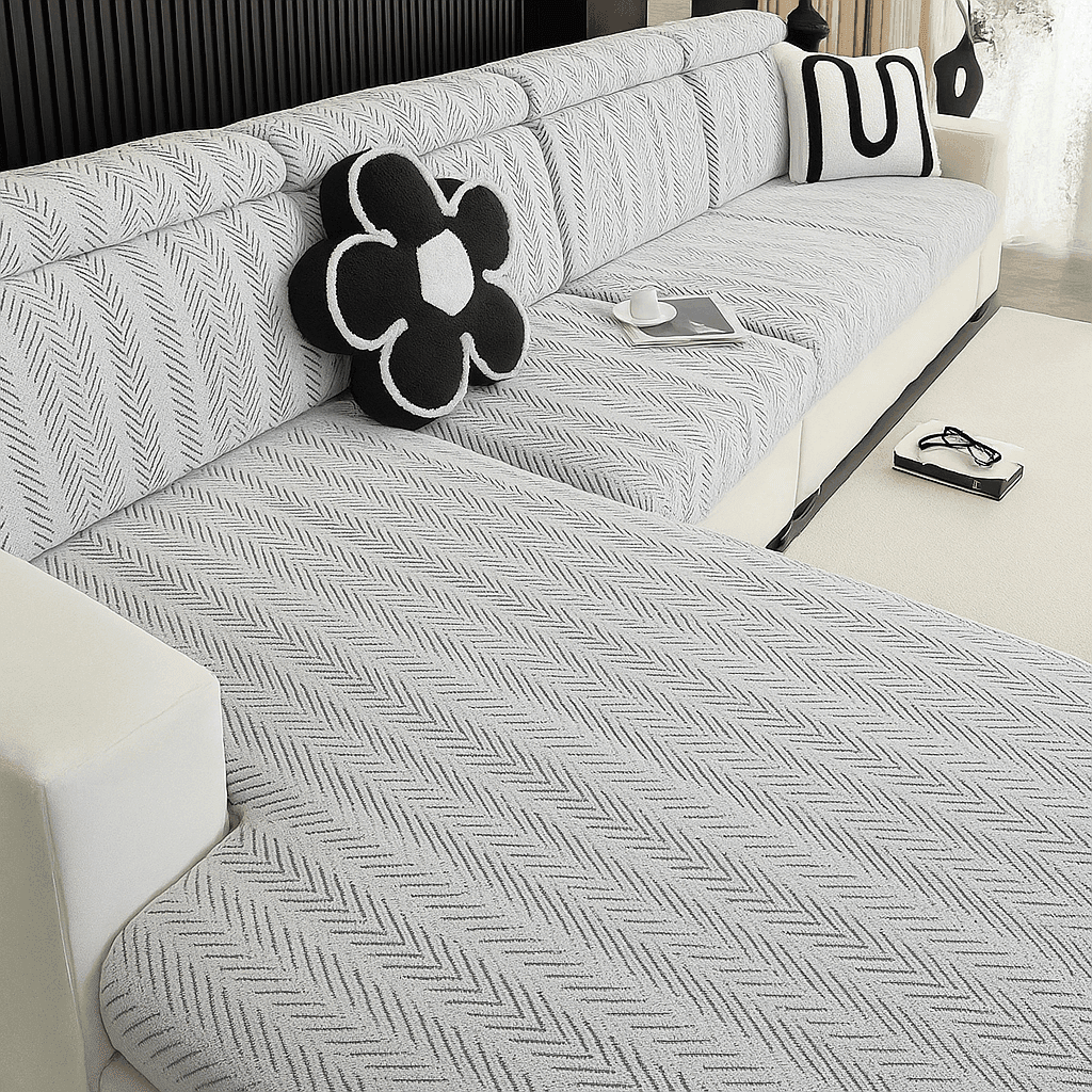 Rear view of the Cozee Herringbone Sofa Cover, showing full back coverage, snug stretch fit, and durable herringbone fabric for complete sofa protection.
