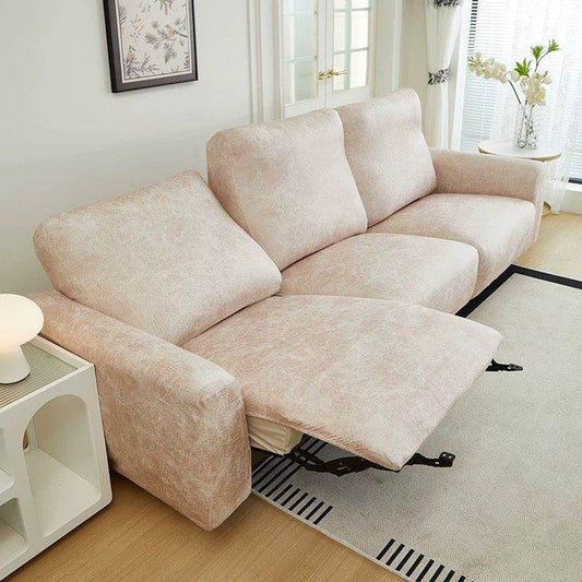 Full view of 3-seater sofa with recliner extended, featuring the Cozee Lux slipcover stretched smoothly over the entire sofa for complete coverage and a snug, stay-put fit