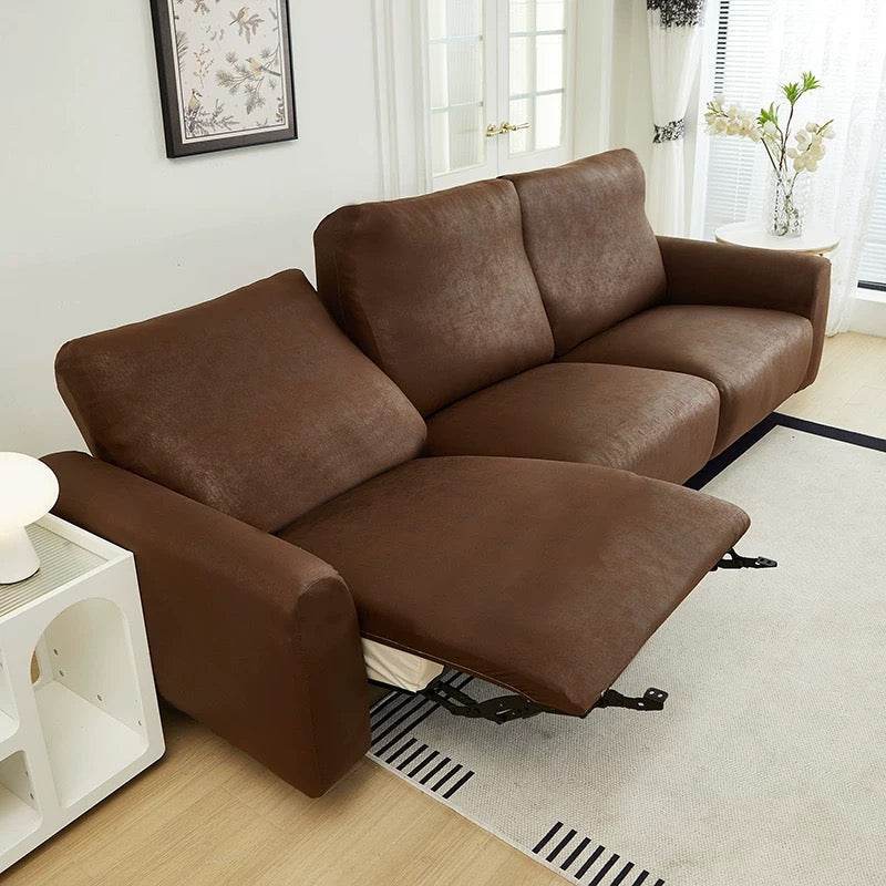 Full view of 3-seater sofa with recliner extended, featuring the Cozee Lux slipcover stretched smoothly over the entire sofa for complete coverage and a snug, stay-put fit