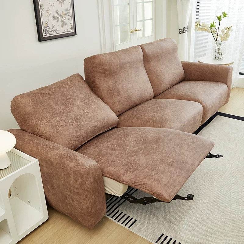 Full view of 3-seater sofa with recliner extended, featuring the Cozee Lux slipcover stretched smoothly over the entire sofa for complete coverage and a snug, stay-put fit
