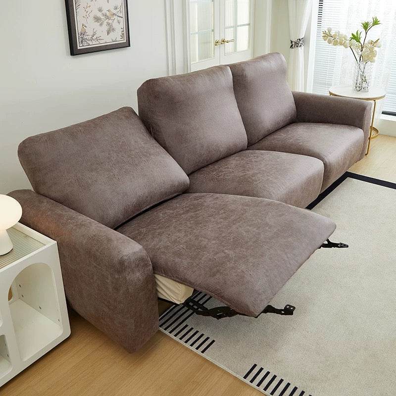 Full view of 3-seater sofa with recliner extended, featuring the Cozee Lux slipcover stretched smoothly over the entire sofa for complete coverage and a snug, stay-put fit