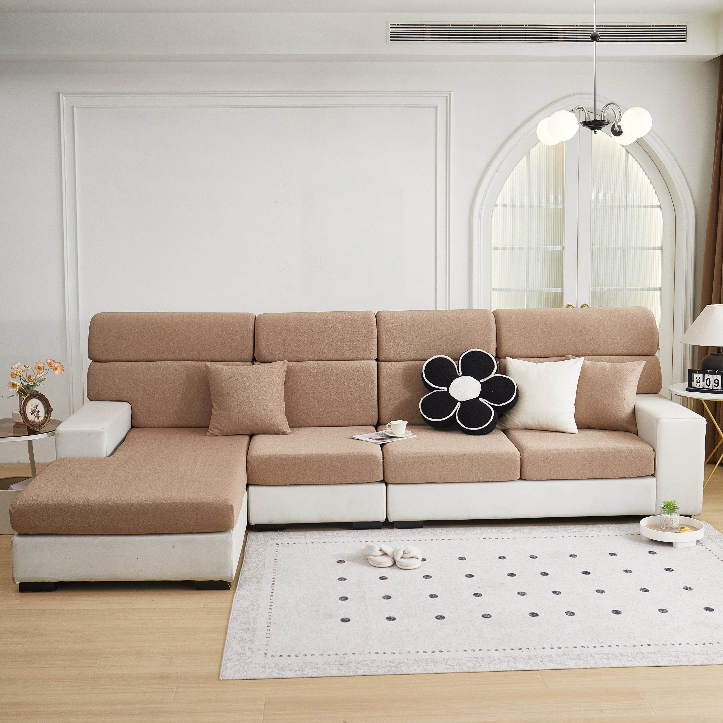Close-up of Cozee Teddy Plush couch cover showing fluffy texture and stretch-fit design—premium sofa cover that fits most sofas and sectionals. Ideal for homes with pets, this cover offers cozy protection and works as couch covers, chair covers, recliner covers, and sectional couch covers.