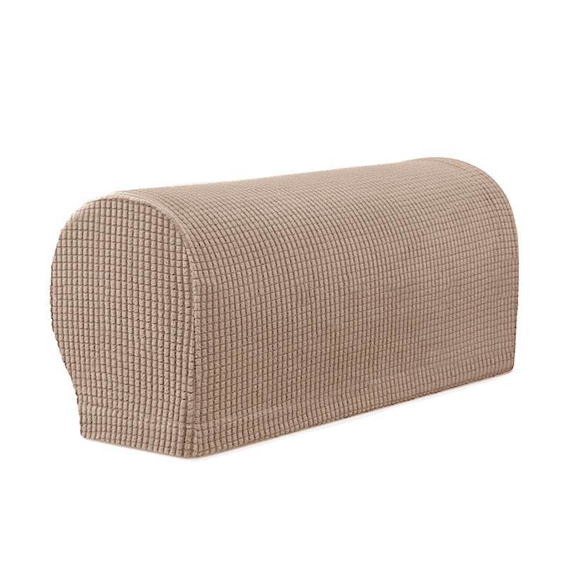 Close-up of a sofa arm fitted with the Cozee Timeless Arm Cover, featuring ultra-soft fleece fabric and a snug, stretchable fit that protects armrests from spills, dust, and pet hair