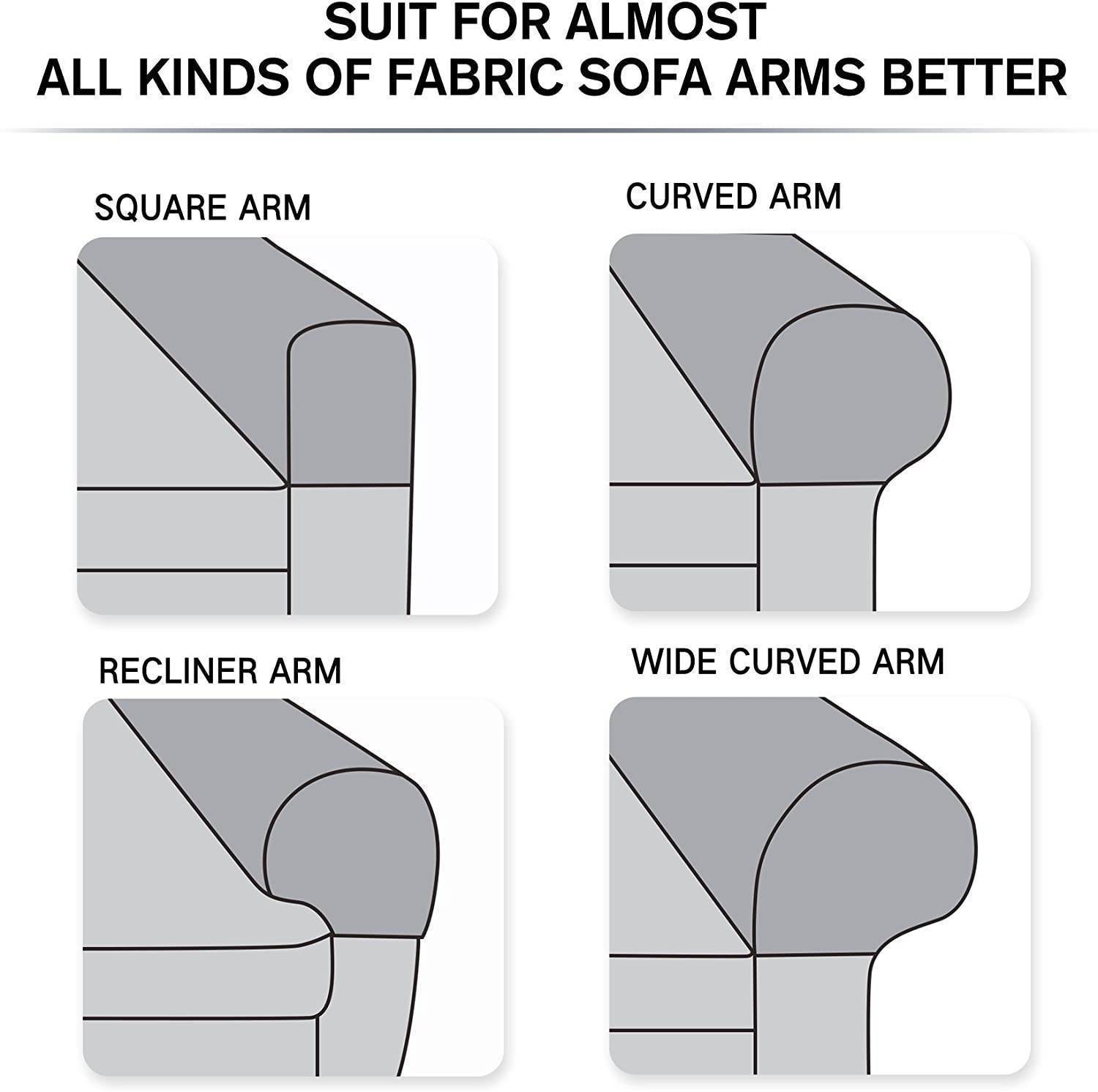 Illustrated diagram displaying various sofa arm styles—such as rolled arm, square arm, and flared arm—with text indicating which designs are suitable for use with the Cozee Timeless Arm Cover and other stretch-fit fabric arm protectors