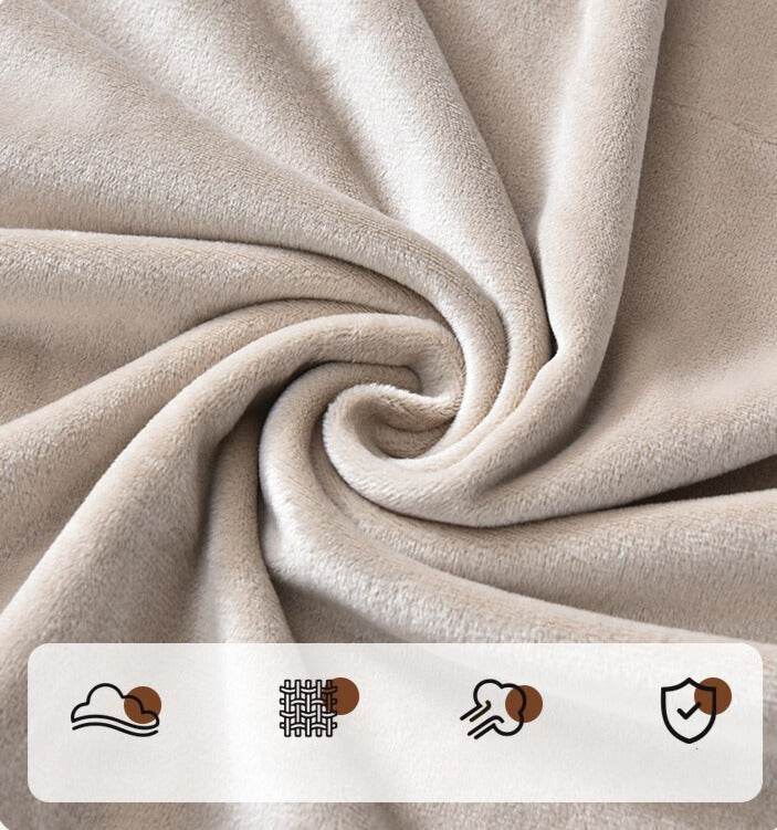 Beige microfiber fleece fabric with visible texture, shown alongside care icons to highlight softness, durability, and easy maintenance of the Cozee Plush Futon Slipcover
