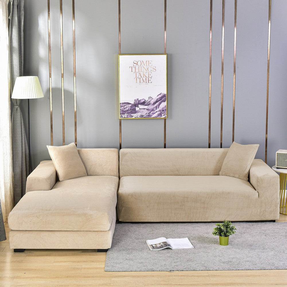Sofa wrapped in the Cozee Ultra Soft Plush Slipcover, featuring velvety fabric and a snug 4-way stretch fit that offers full coverage and protection from spills, pet hair, and daily wear