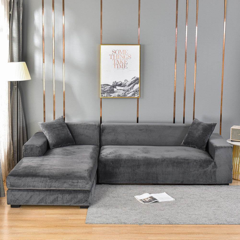Sofa wrapped in the Cozee Ultra Soft Plush Slipcover, featuring velvety fabric and a snug 4-way stretch fit that offers full coverage and protection from spills, pet hair, and daily wear