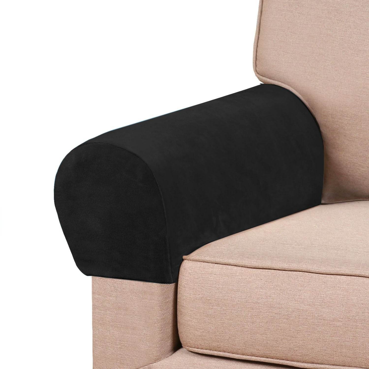Plush velvet arm rest cover in a rich, soft texture, securely wrapped around a sofa arm. Designed to fit various sofa arm shapes, offering elegant protection against spills, dust, pet hair, and daily wear.