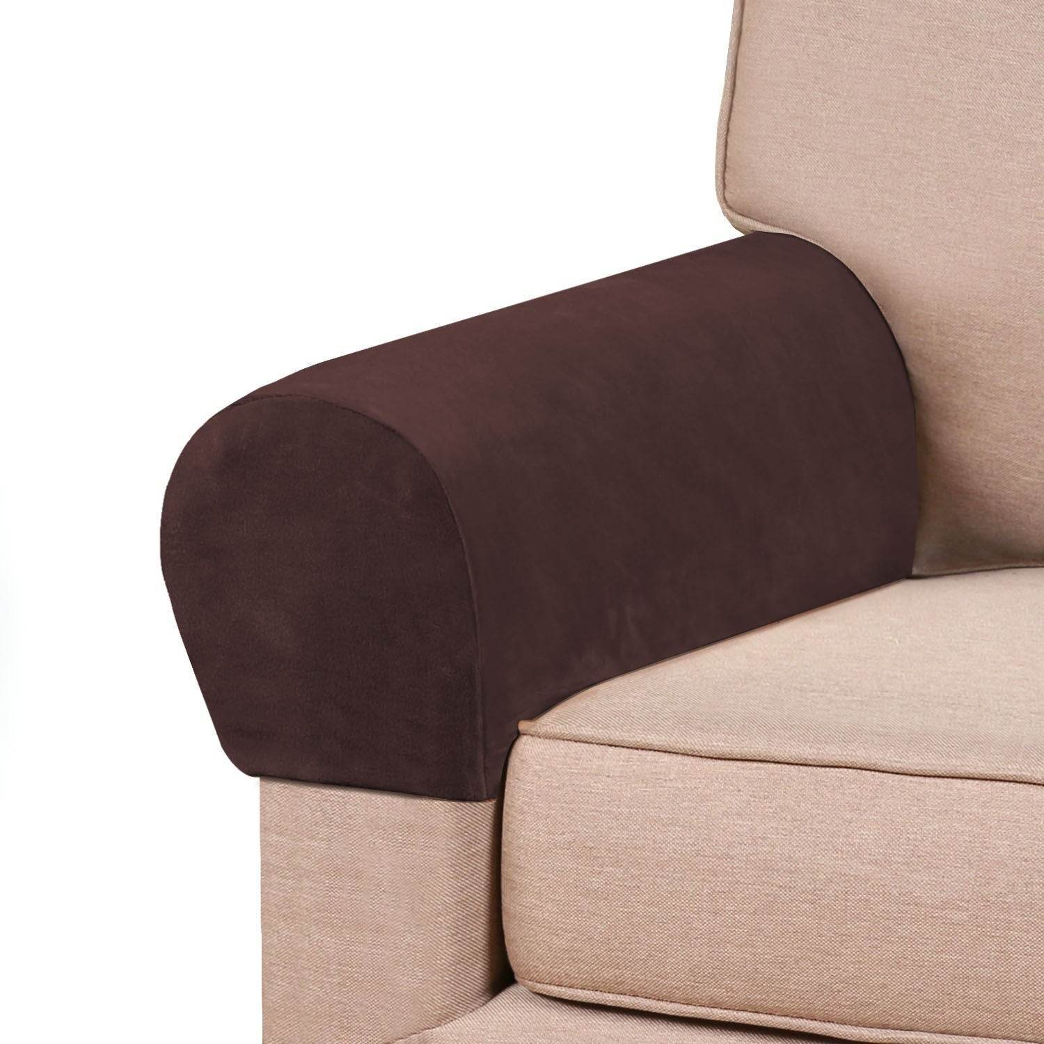 Plush velvet arm rest cover in a rich, soft texture, securely wrapped around a sofa arm. Designed to fit various sofa arm shapes, offering elegant protection against spills, dust, pet hair, and daily wear.