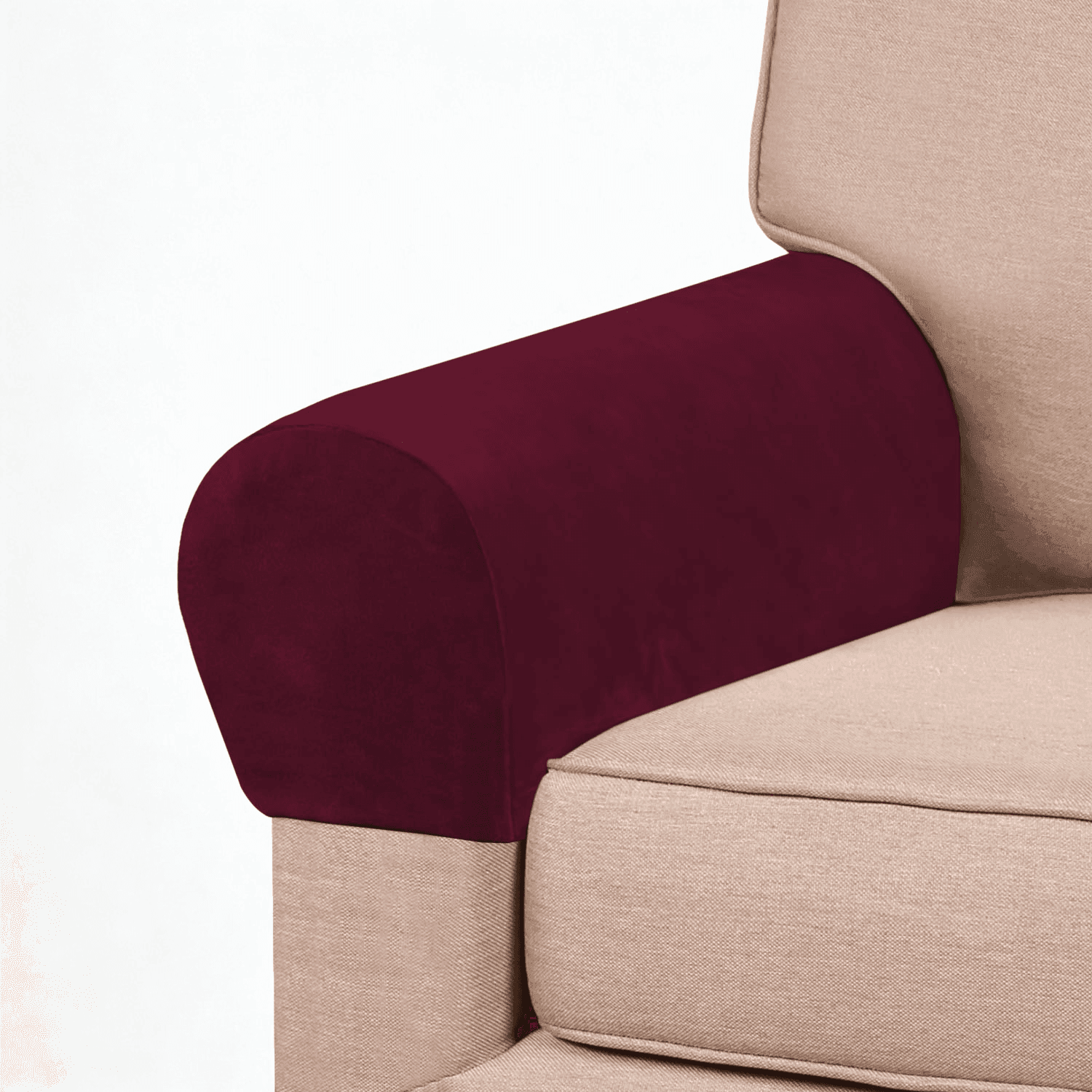 Plush velvet arm rest cover in a rich, soft texture, securely wrapped around a sofa arm. Designed to fit various sofa arm shapes, offering elegant protection against spills, dust, pet hair, and daily wear.