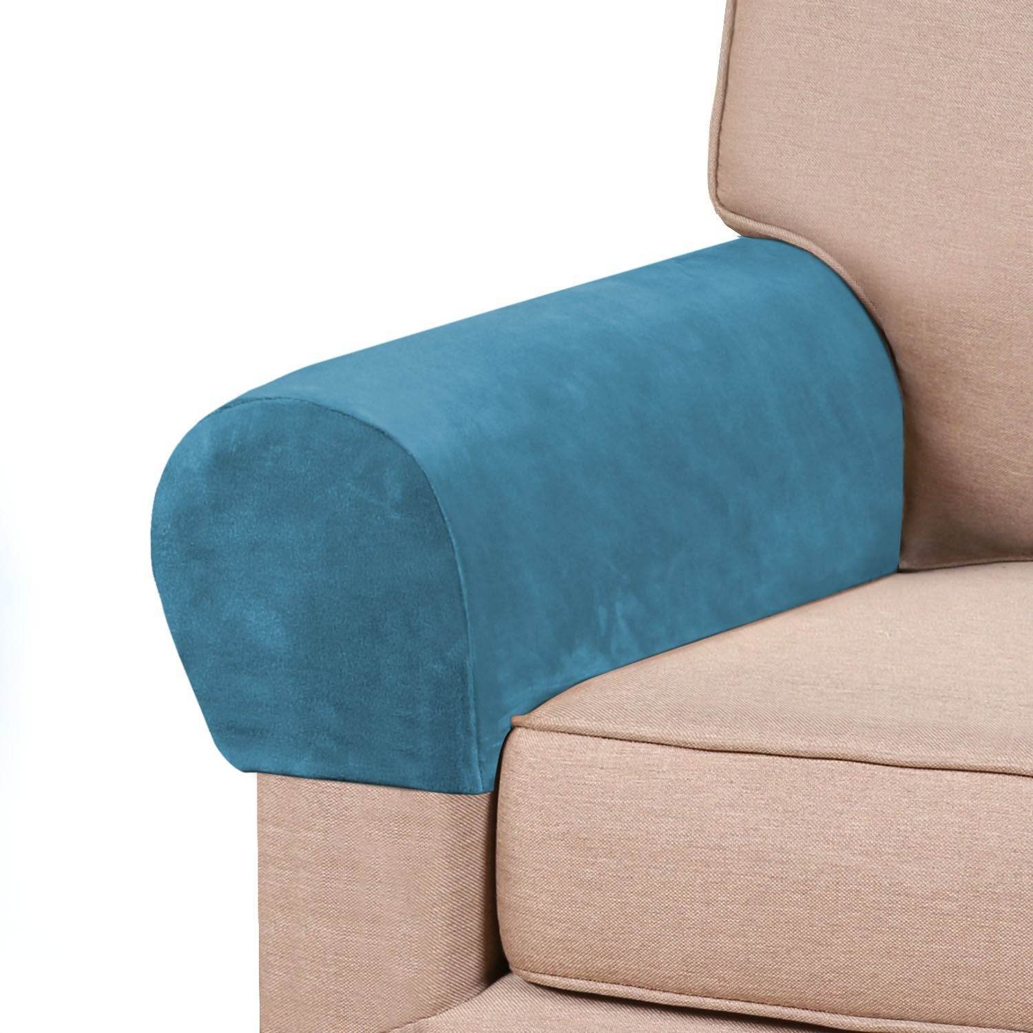 Plush velvet arm rest cover in a rich, soft texture, securely wrapped around a sofa arm. Designed to fit various sofa arm shapes, offering elegant protection against spills, dust, pet hair, and daily wear.