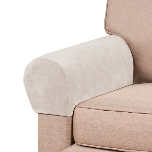 Plush velvet arm rest cover in a rich, soft texture, securely wrapped around a sofa arm. Designed to fit various sofa arm shapes, offering elegant protection against spills, dust, pet hair, and daily wear.