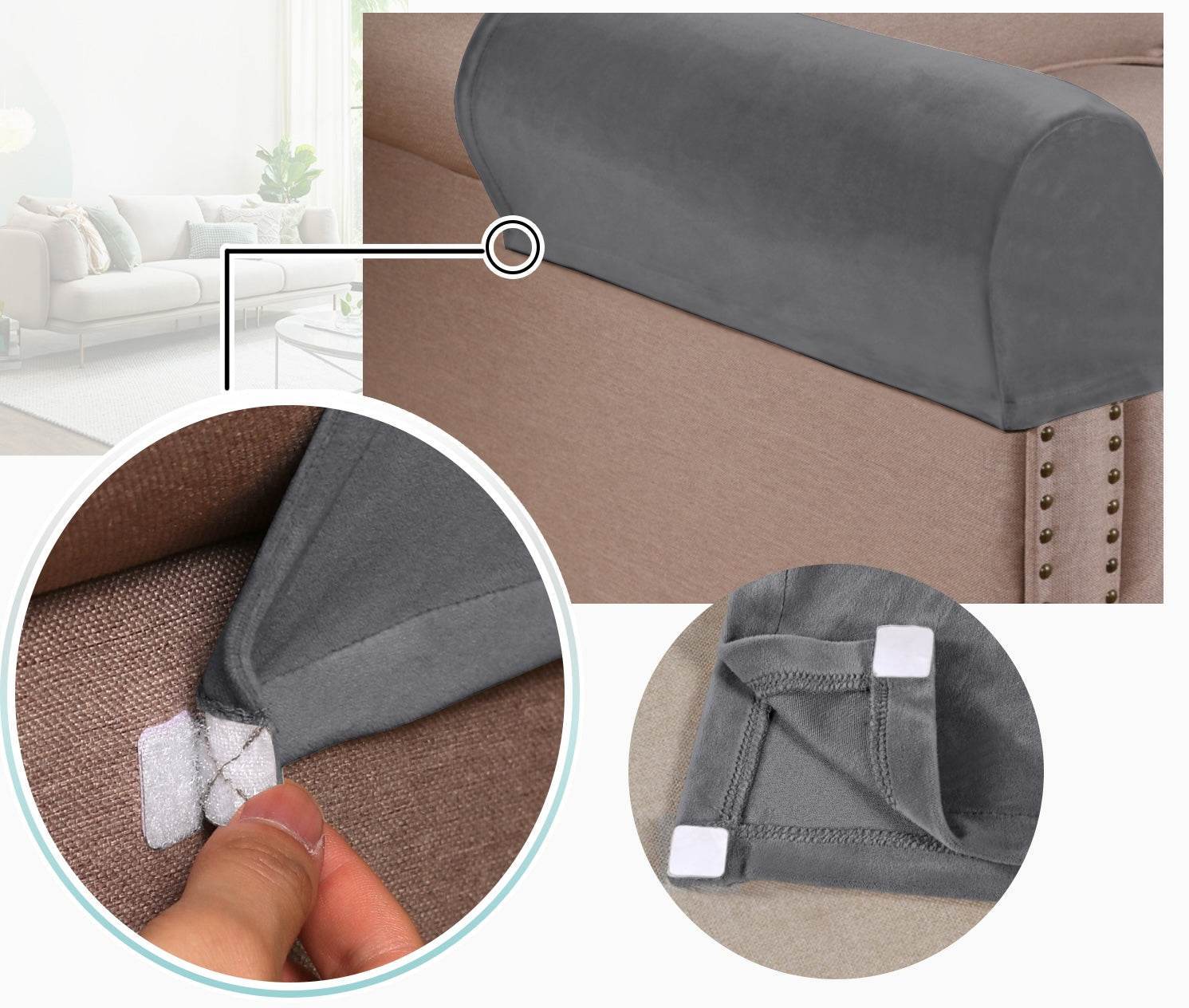 Close-up of Cozee Velvet Armrest Cover on a beige sofa, showcasing stretchable fit and detailed workmanship for added comfort and protection.