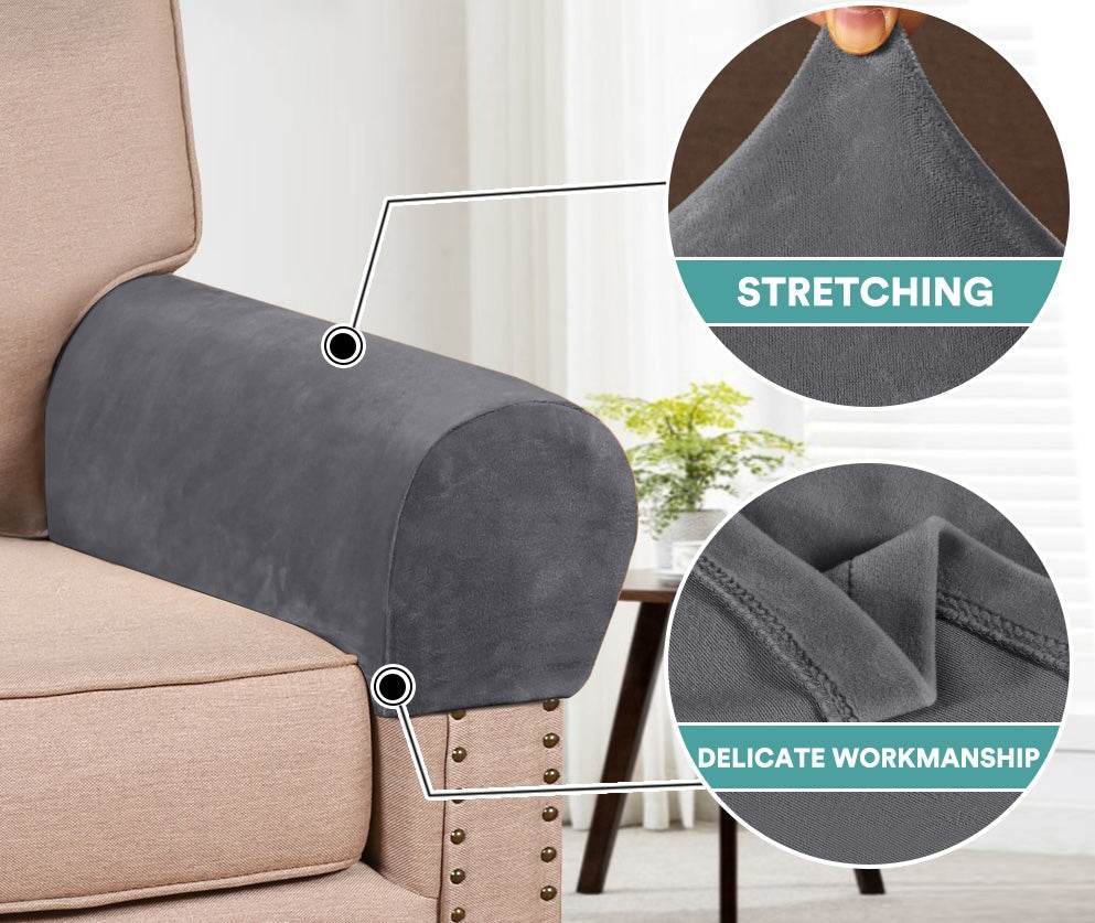 Close-up of Cozee Velvet Armrest Cover on a beige armchair, highlighting stretch fit and fine stitching details for stylish protection and a snug finish.