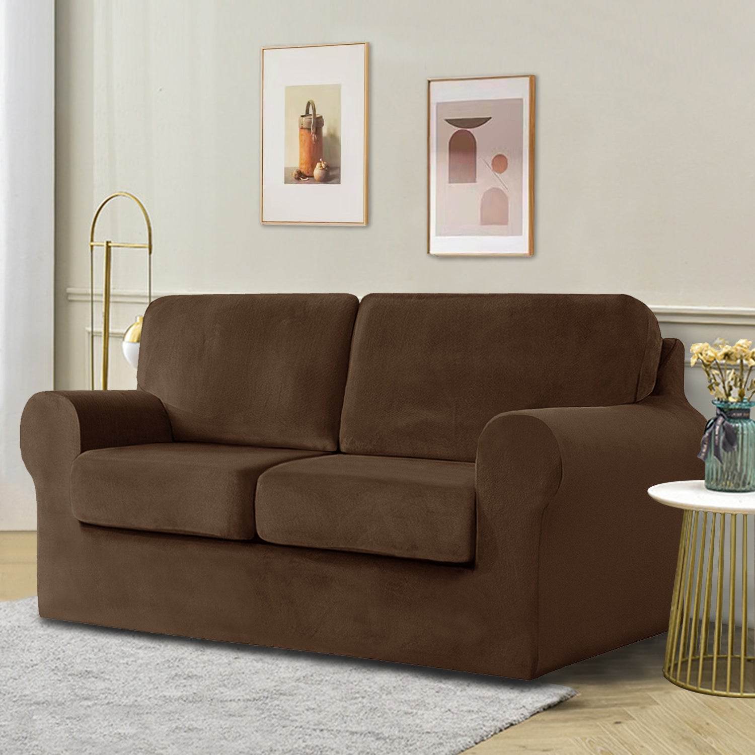 Full view of a 2-seater sofa fitted with the Cozee Velvet Stretch Slipcover Set, showcasing a smooth, custom fit with separate seat, back, and frame covers in plush velvet fabric