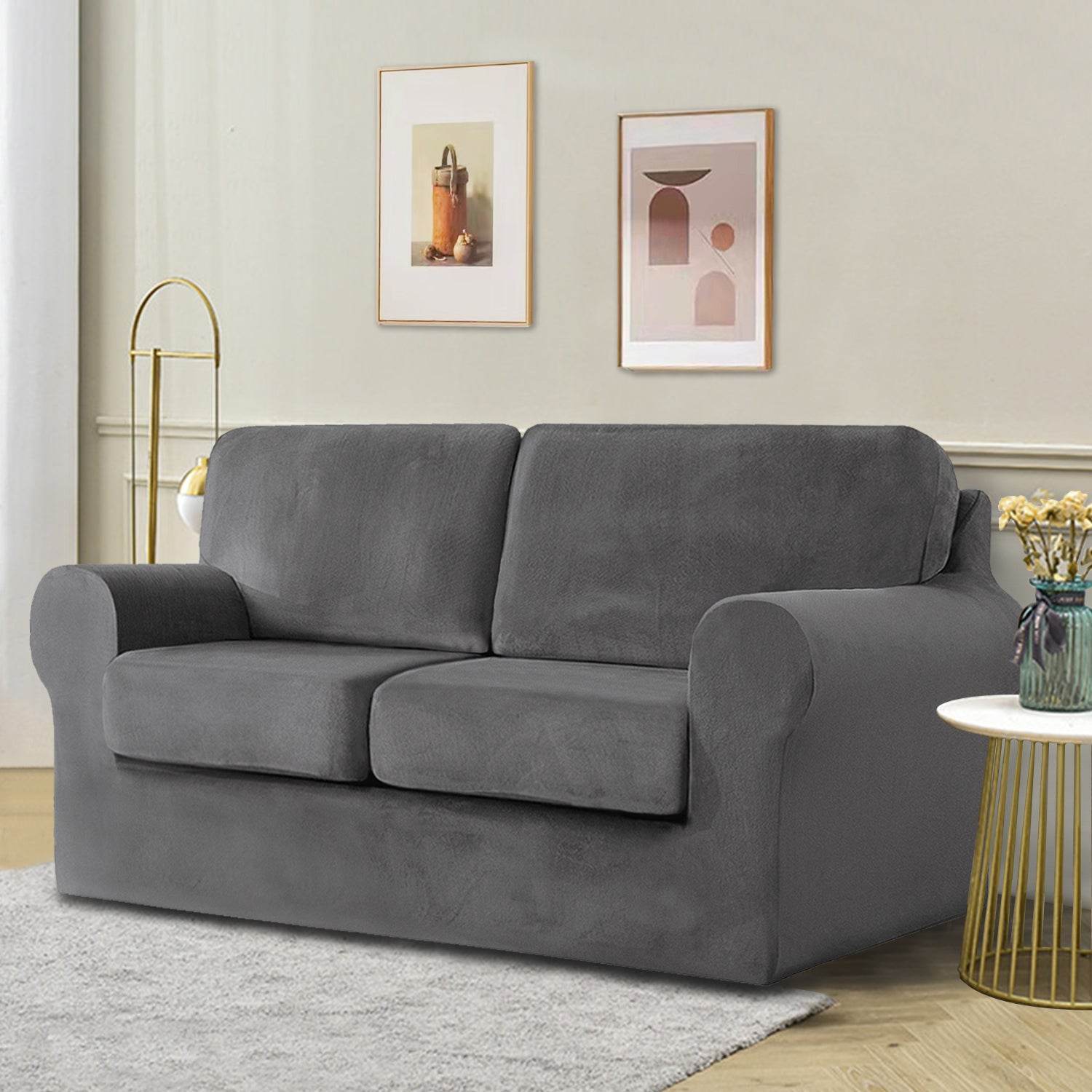 Full view of an armchair covered with the Cozee Velvet Stretch Slipcover Set, featuring a snug, tailored fit with separate seat, back, and frame covers in soft velvet fabric