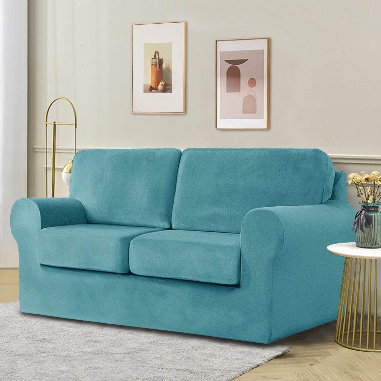 Full view of a 2-seater sofa fitted with the Cozee Velvet Stretch Slipcover Set, showcasing a smooth, custom fit with separate seat, back, and frame covers in plush velvet fabric