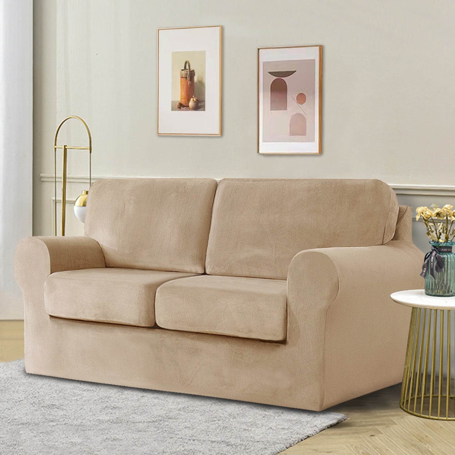 Full view of a 2-seater sofa fitted with the Cozee Velvet Stretch Slipcover Set, showcasing a smooth, custom fit with separate seat, back, and frame covers in plush velvet fabric