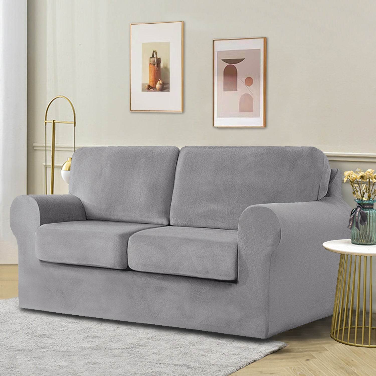Full view of a 2-seater sofa fitted with the Cozee Velvet Stretch Slipcover Set, showcasing a smooth, custom fit with separate seat, back, and frame covers in plush velvet fabric