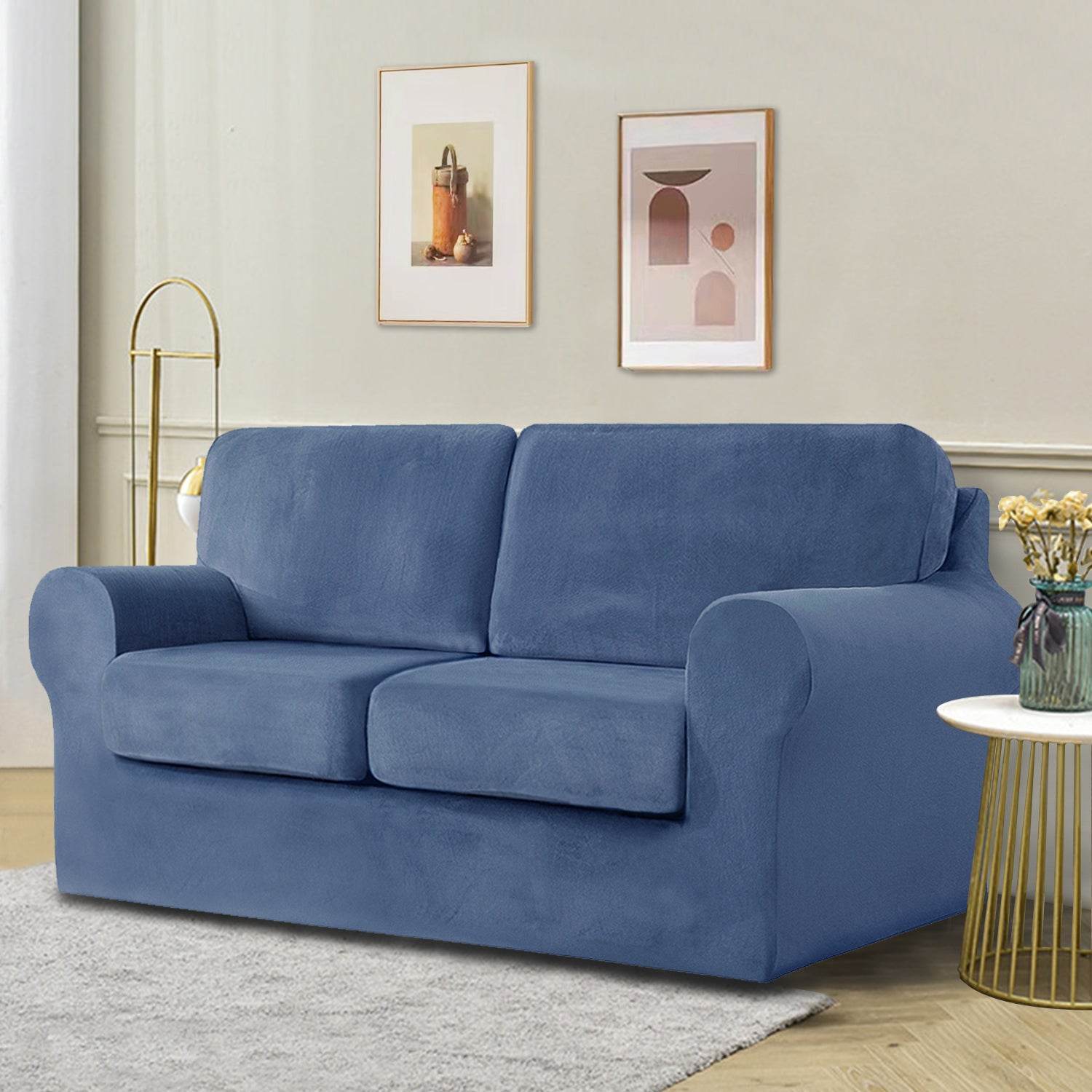 Full view of a 2-seater sofa fitted with the Cozee Velvet Stretch Slipcover Set, showcasing a smooth, custom fit with separate seat, back, and frame covers in plush velvet fabric