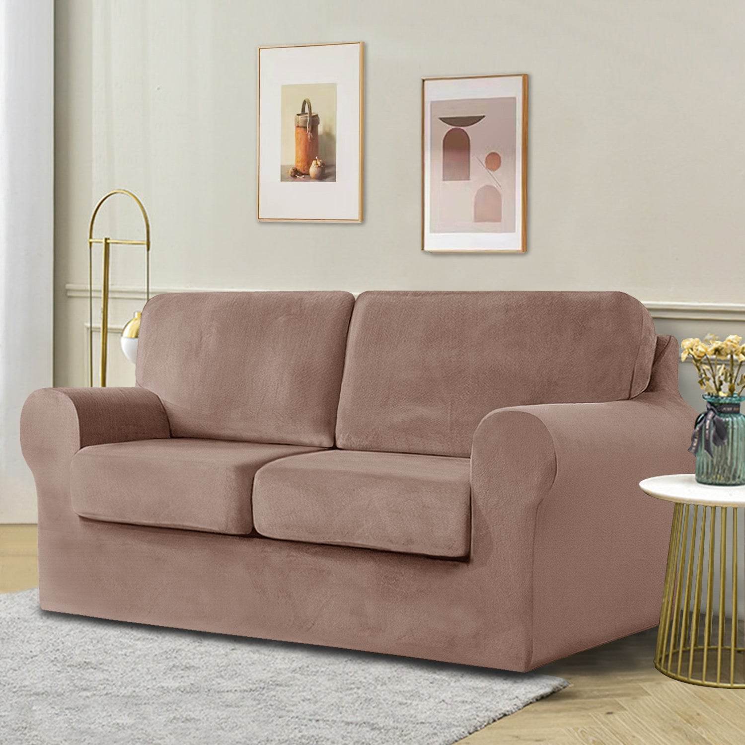 Full view of a 2-seater sofa fitted with the Cozee Velvet Stretch Slipcover Set, showcasing a smooth, custom fit with separate seat, back, and frame covers in plush velvet fabric