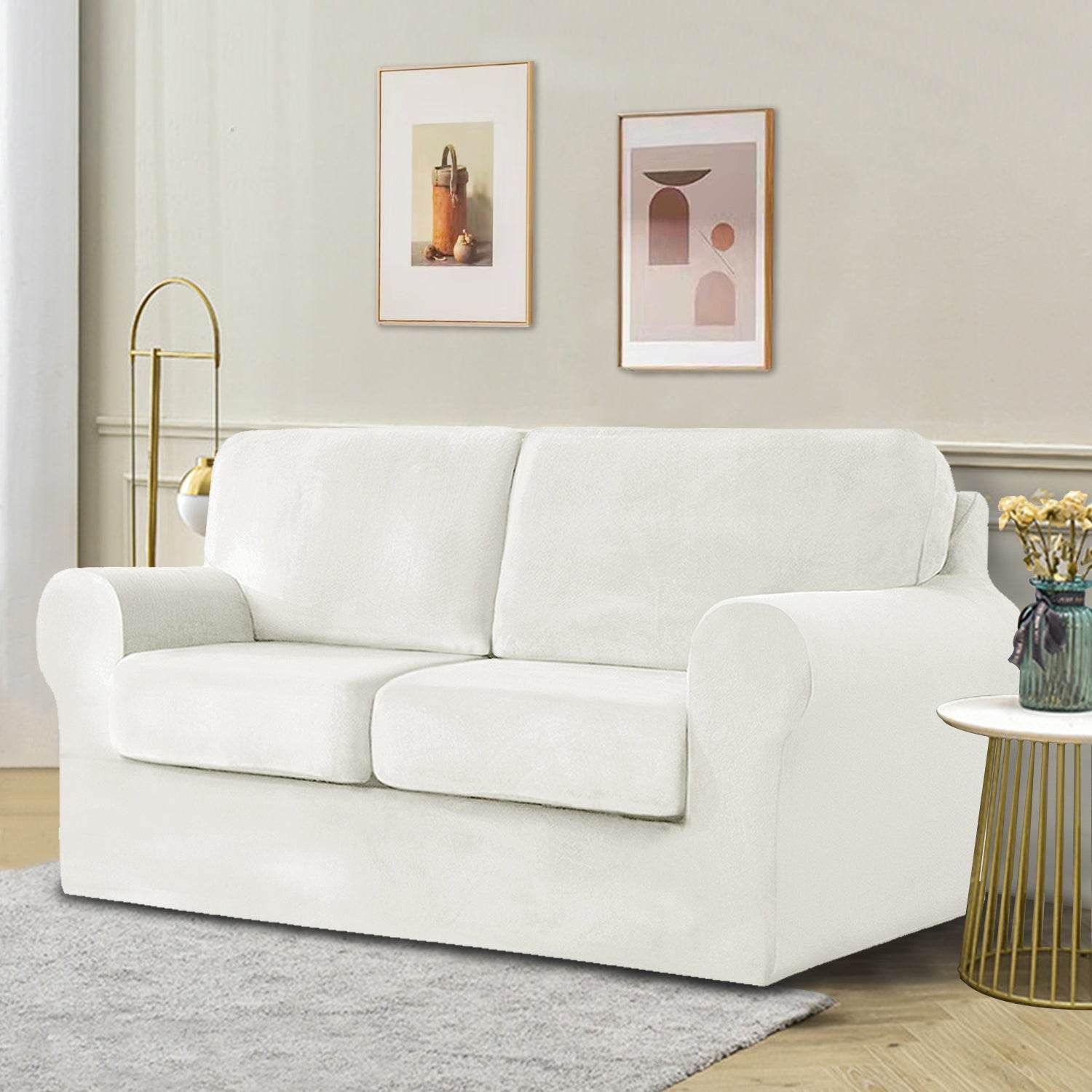 Full view of a 2-seater sofa fitted with the Cozee Velvet Stretch Slipcover Set, showcasing a smooth, custom fit with separate seat, back, and frame covers in plush velvet fabric