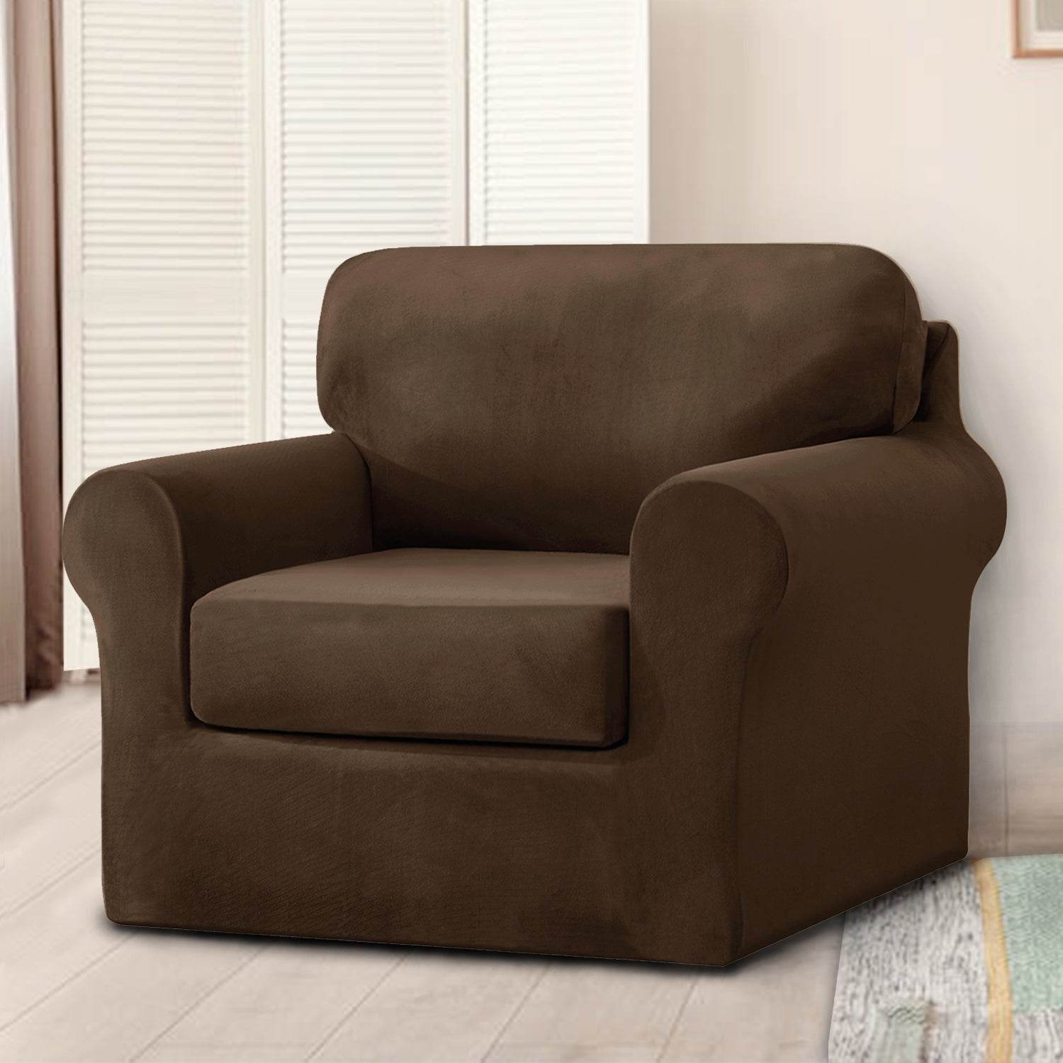 Full view of an armchair covered with the Cozee Velvet Stretch Slipcover Set, featuring a snug, tailored fit with separate seat, back, and frame covers in soft velvet fabric