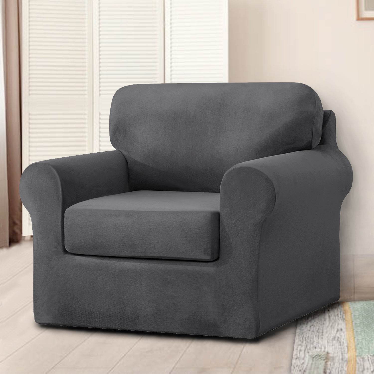 Full view of an armchair covered with the Cozee Velvet Stretch Slipcover Set, featuring a snug, tailored fit with separate seat, back, and frame covers in soft velvet fabric