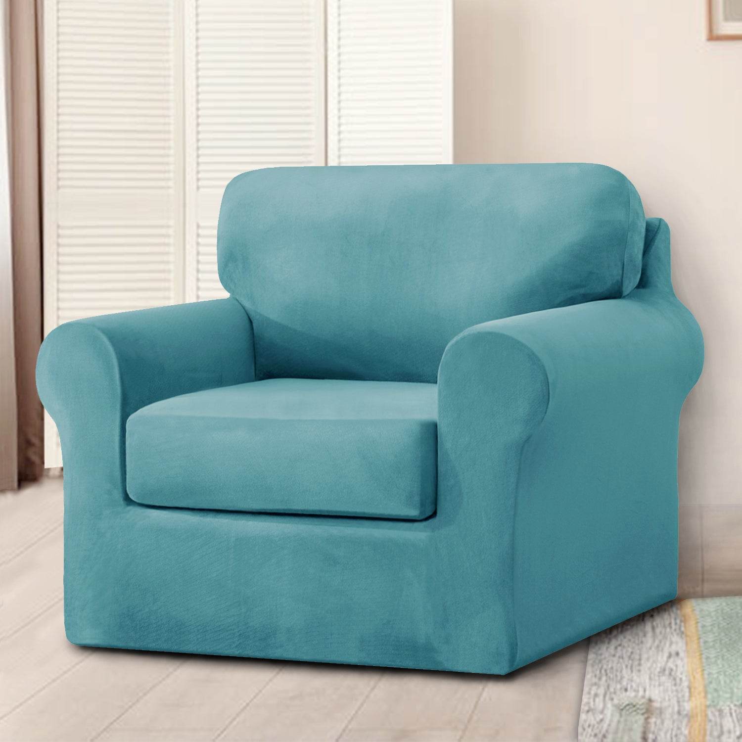 Full view of an armchair covered with the Cozee Velvet Stretch Slipcover Set, featuring a snug, tailored fit with separate seat, back, and frame covers in soft velvet fabric