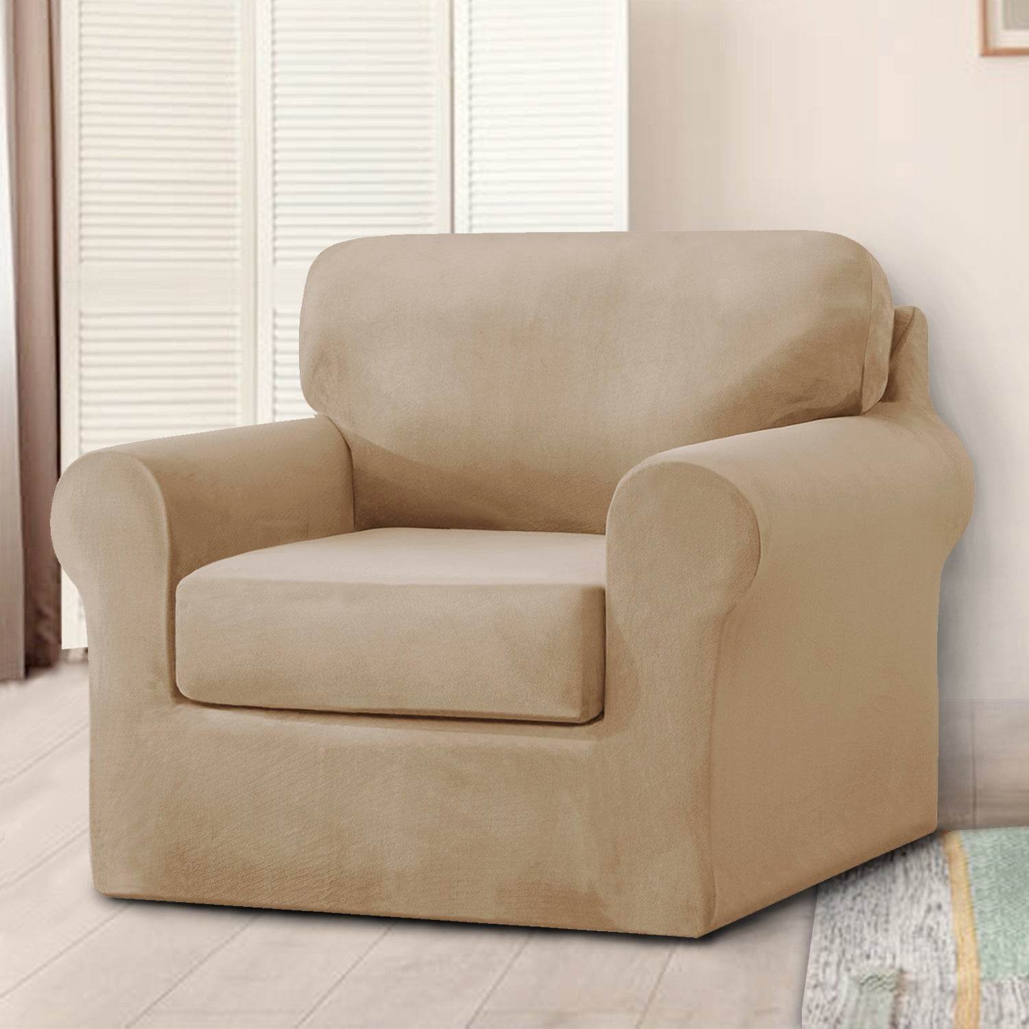 Full view of an armchair covered with the Cozee Velvet Stretch Slipcover Set, featuring a snug, tailored fit with separate seat, back, and frame covers in soft velvet fabric