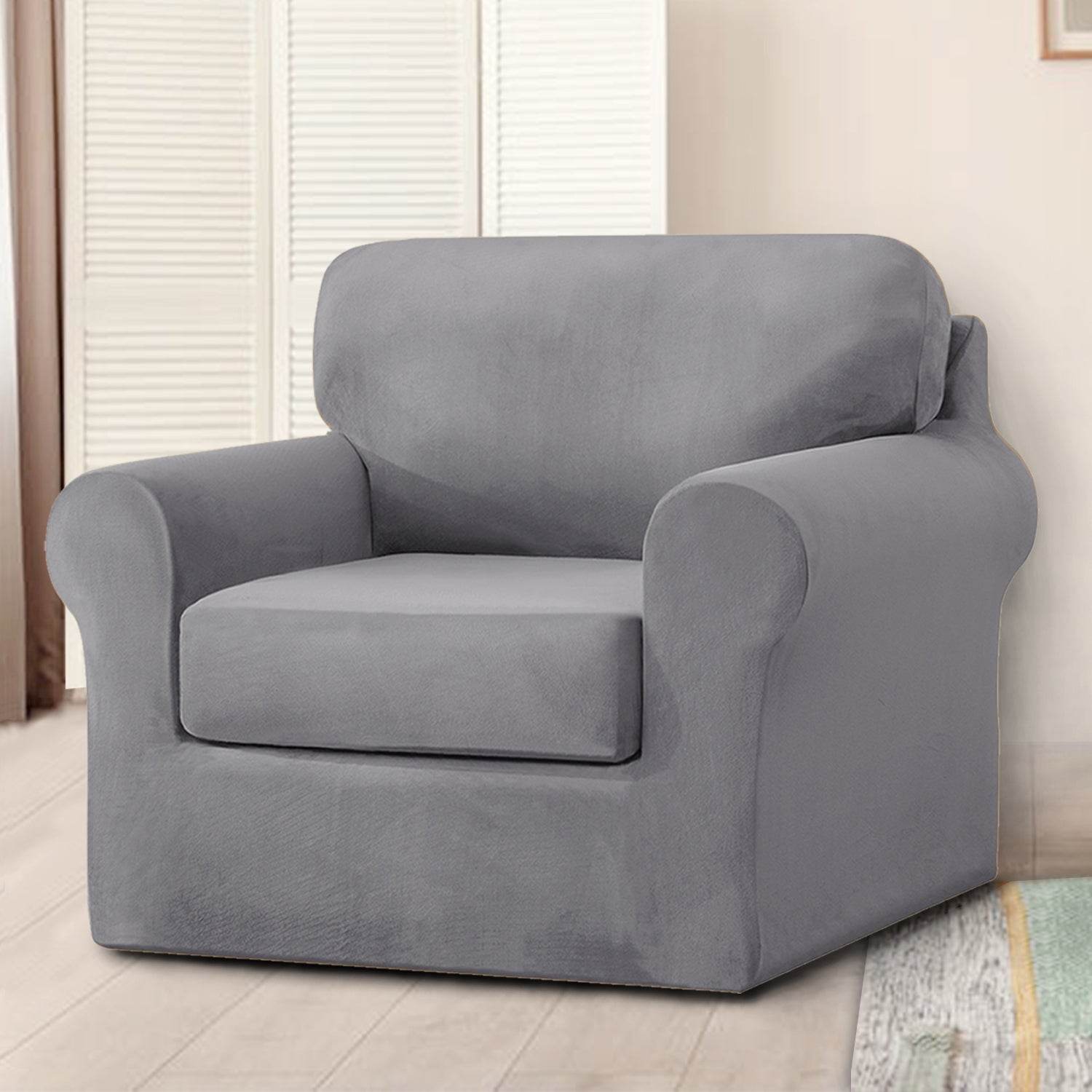 Full view of an armchair covered with the Cozee Velvet Stretch Slipcover Set, featuring a snug, tailored fit with separate seat, back, and frame covers in soft velvet fabric