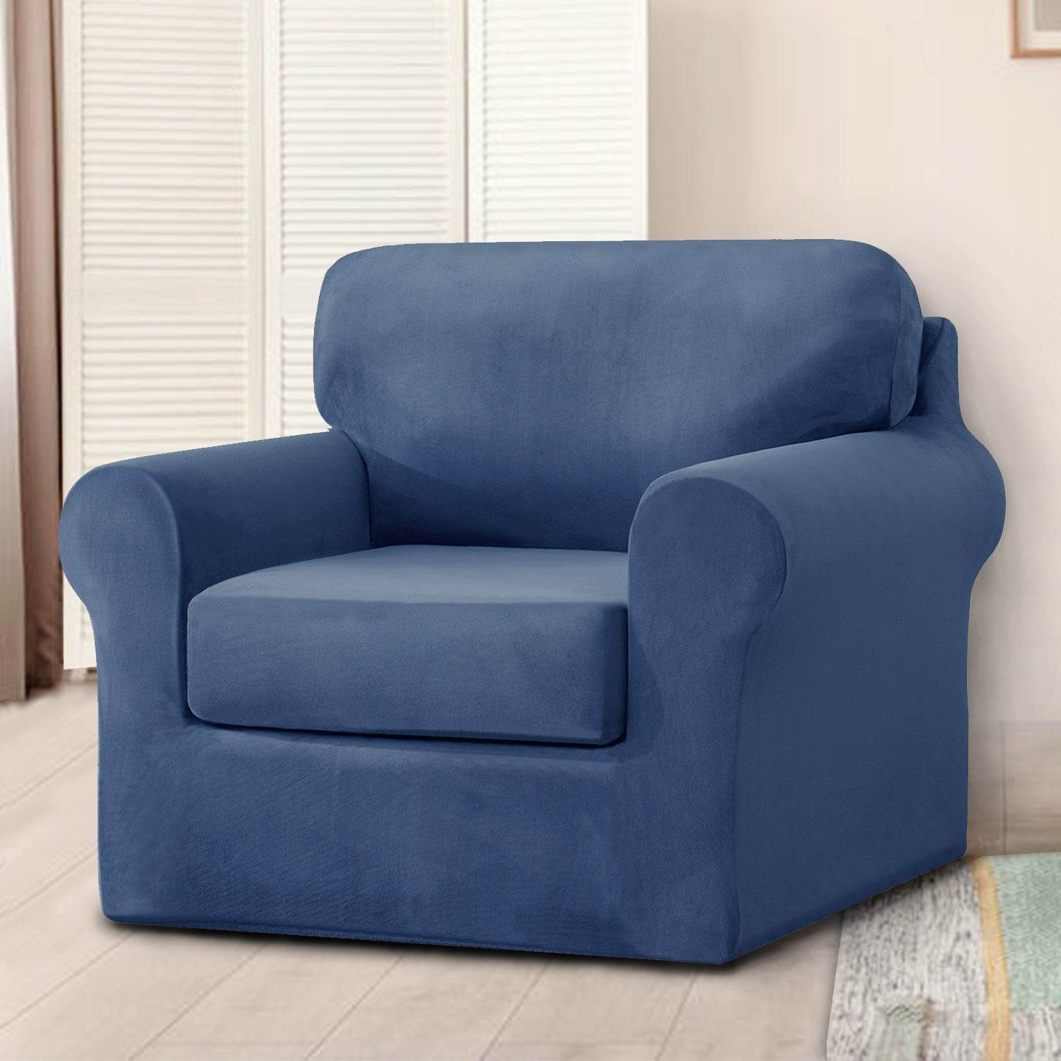 Full view of an armchair covered with the Cozee Velvet Stretch Slipcover Set, featuring a snug, tailored fit with separate seat, back, and frame covers in soft velvet fabric