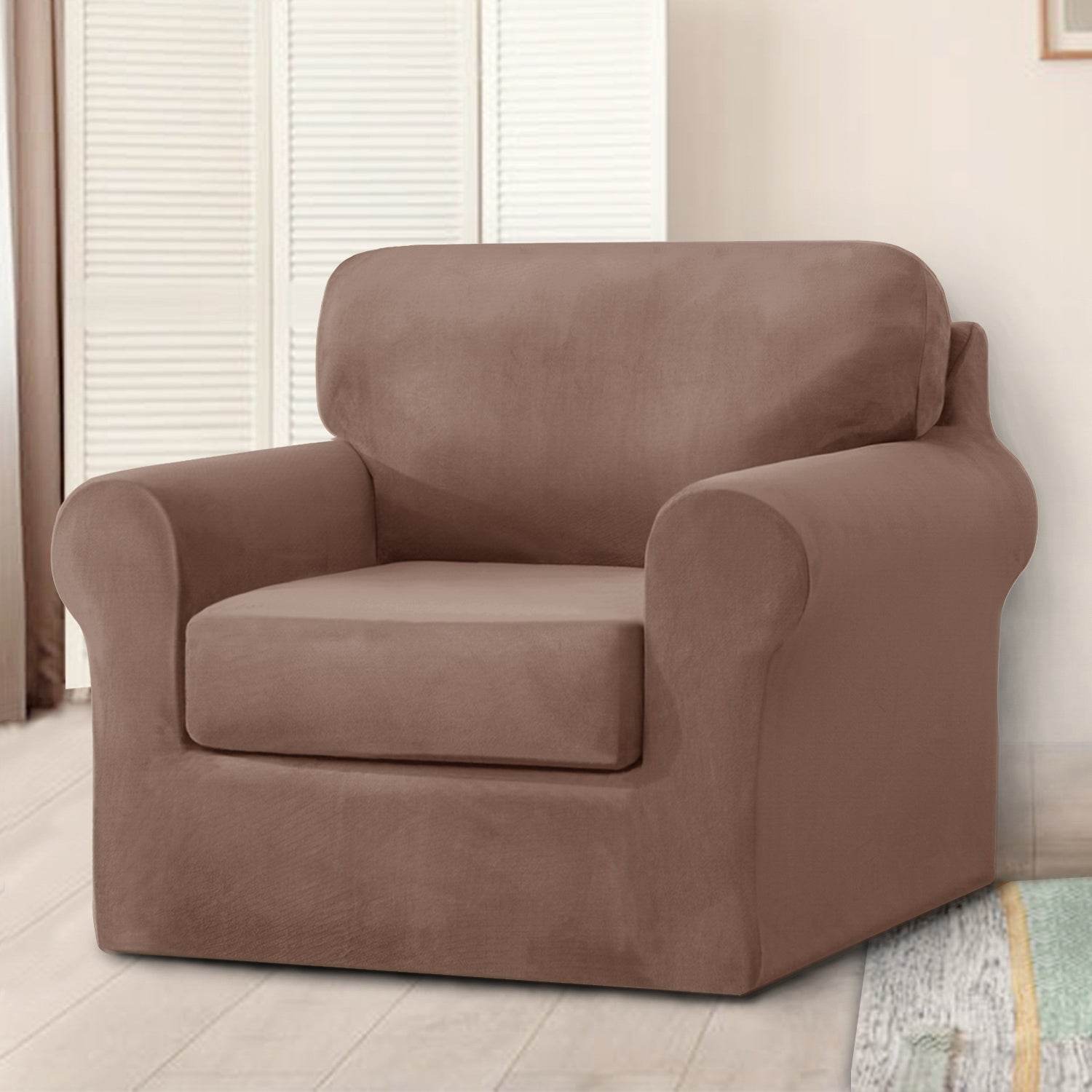 Full view of an armchair covered with the Cozee Velvet Stretch Slipcover Set, featuring a snug, tailored fit with separate seat, back, and frame covers in soft velvet fabric