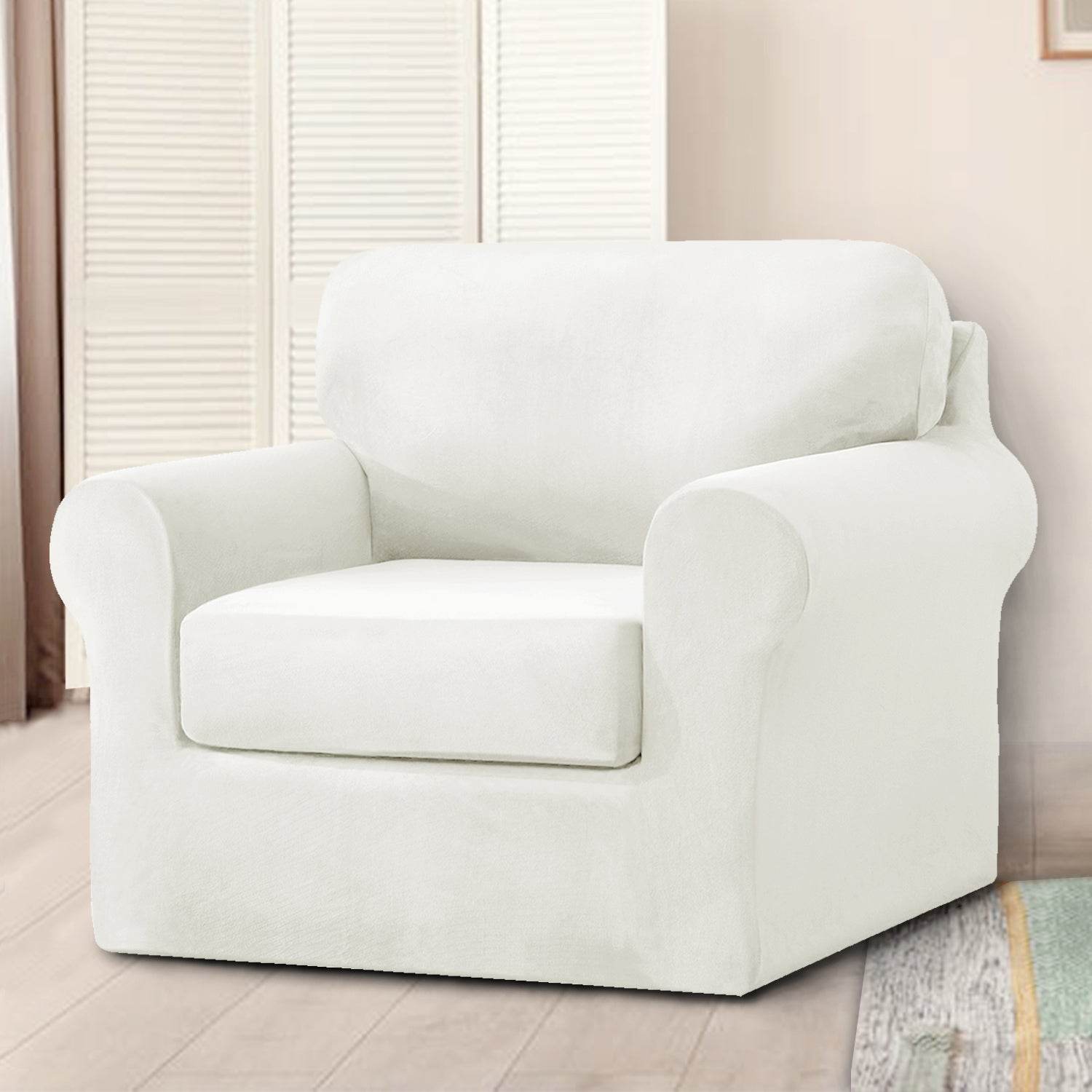 Full view of an armchair covered with the Cozee Velvet Stretch Slipcover Set, featuring a snug, tailored fit with separate seat, back, and frame covers in soft velvet fabric
