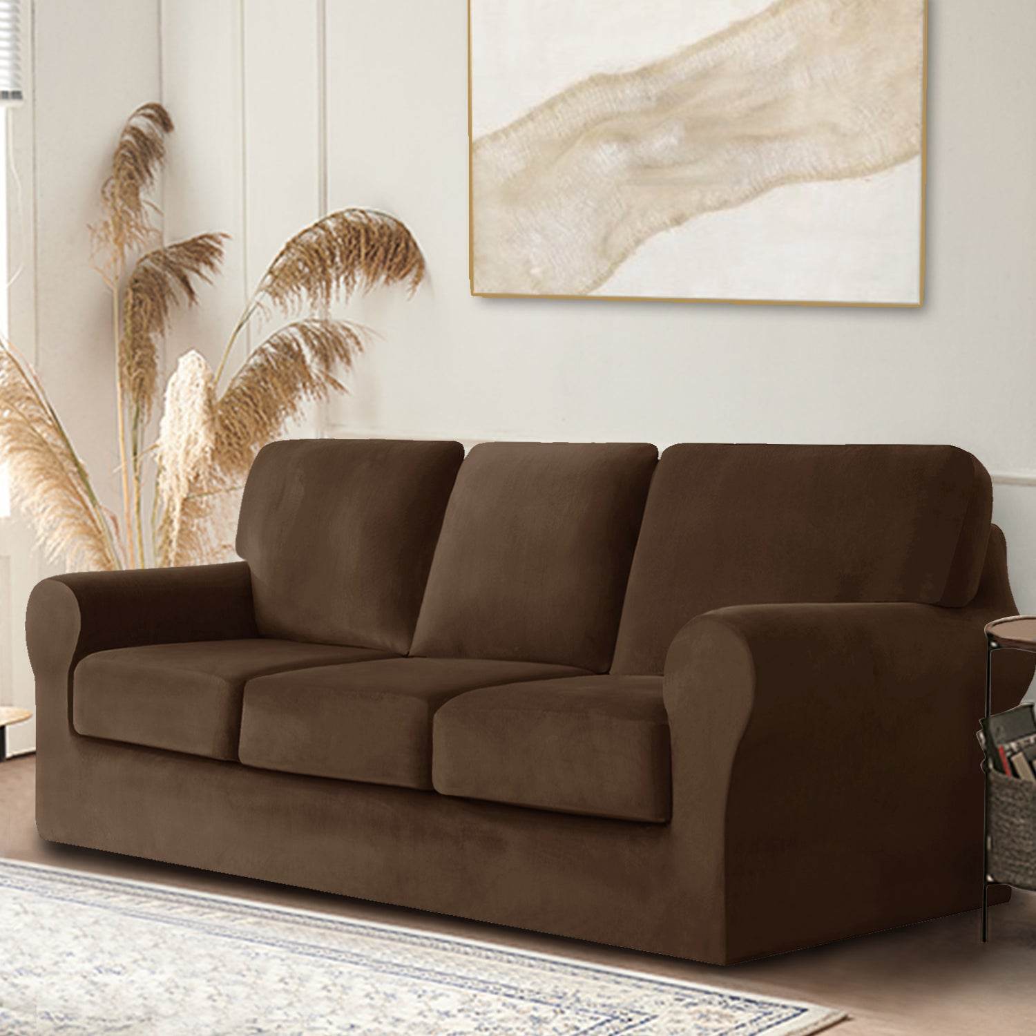 Full view of 3-seater sofa covered in Cozee Velvet Stretch Slipcover Set with separate seat, back, and frame covers, showcasing a smooth, snug fit in soft velvet fabric