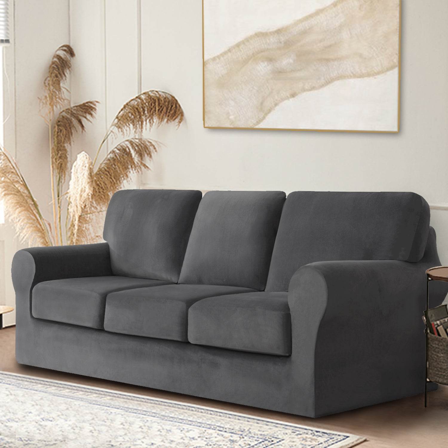 Full view of 3-seater sofa covered in Cozee Velvet Stretch Slipcover Set with separate seat, back, and frame covers, showcasing a smooth, snug fit in soft velvet fabric